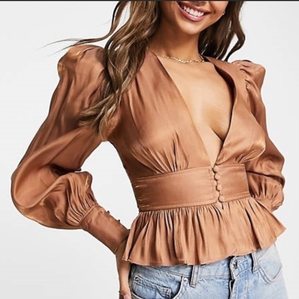 Jason Wu Satin Peplum Blouse M NWT | Puff Sleeve | Champagne Taupe Top Medium - Picture 7 of 9
